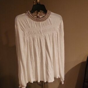 gimmicks by BKE White Long-Sleeve Blouse with Beaded Collar